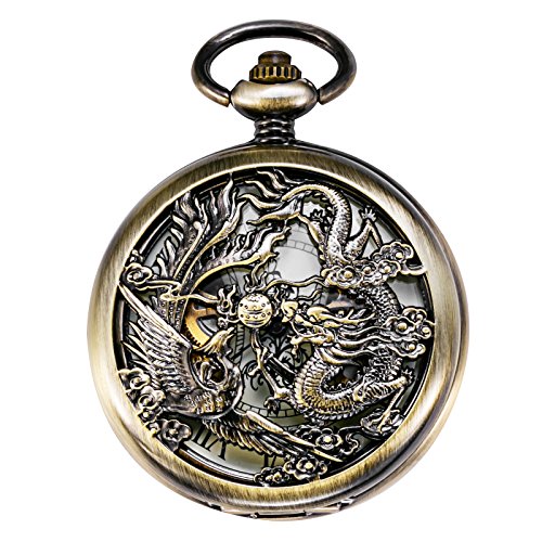 TREEWETO Herren Taschenuhr mit Kette Analog Handaufzug Antik Drache Phönix Skelett Bronze von TREEWETO