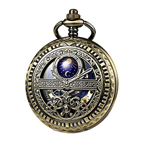 TREEWETO Mechanische Herren Taschenuhr, Sonne und Mond, Skelett, römischen Ziffern, Taschenuhren mit Kette für Herren, Bronze von TREEWETO