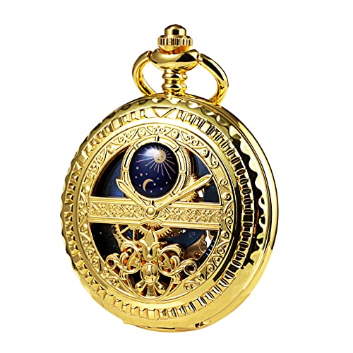 TREEWETO Mechanische Herren Taschenuhr, Sonne und Mond, Skelett, römischen Ziffern, Taschenuhren mit Kette für Herren, Gold von TREEWETO