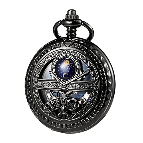 TREEWETO Mechanische Herren Taschenuhr, Sonne und Mond, Skelett, römischen Ziffern, Taschenuhren mit Kette für Herren, Schwarz von TREEWETO