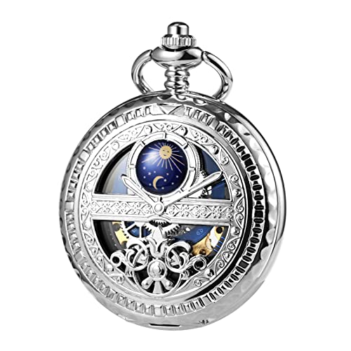 TREEWETO Mechanische Herren Taschenuhr, Sonne und Mond, Skelett, römischen Ziffern, Taschenuhren mit Kette für Herren, Silber von TREEWETO