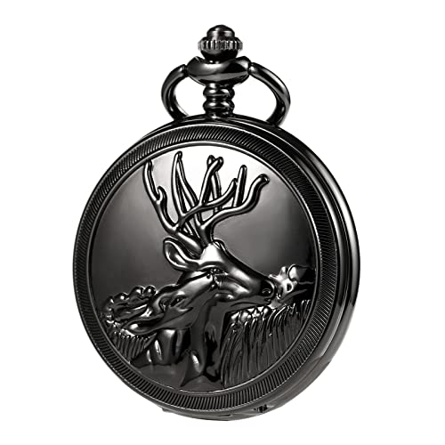 TREEWETO Retro Schwarz Taschenuhr Herren mit Kette analog Handaufzug Rentier Skelett Römische Taschenuhren mit Kette für Herren von TREEWETO