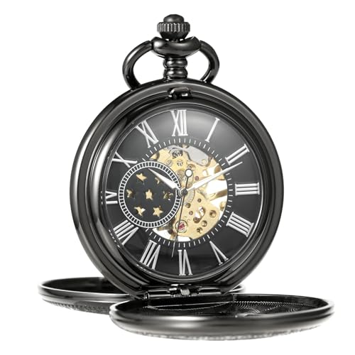 TREEWETO Taschenuhr Herren mit Kette Retro Getriebe Design Doppeldeckel Antik Mechanische Kettenuhr Römische Ziffern für Vater Opa Geburtstag Jahrestag, Schwarz von TREEWETO