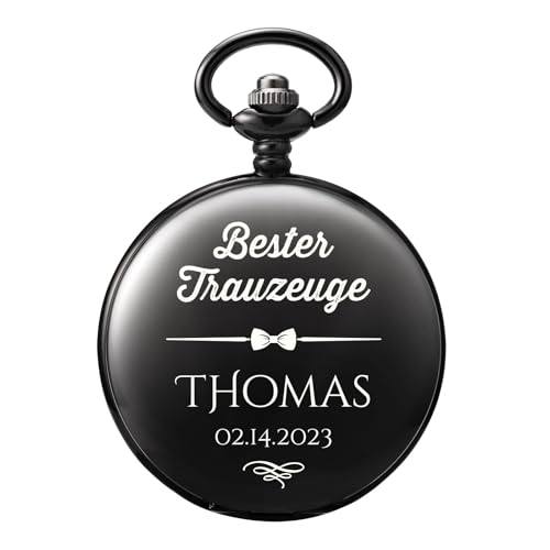 TREEWETO Taschenuhr Personalisiert Graviert Trauzeuge Bräutigam mit Persönlicher Gravur Trauzeugen Geschenke Bester Mann Hochzeitsgeschenk Schwarz von TREEWETO