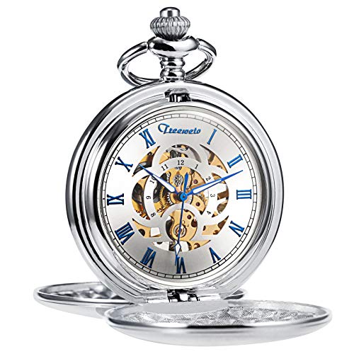 TREEWETO Taschenuhr Unisex Taschenuhr mit Kette Analog Mechanisch Handaufzug Doppelscharnier Antik Römische - Silber Blau von TREEWETO