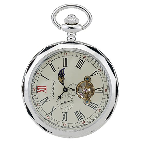 TREEWETO Taschenuhr mit Kette Herren Analog Handaufzug 24 Stunden Sonne Mond Anzeige Silber von TREEWETO