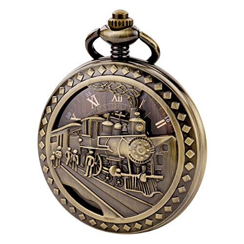 TREEWETO Taschenuhr mit Kette Herren Analog Handaufzug Dampflokomotive Holz Maserung Bronze von TREEWETO