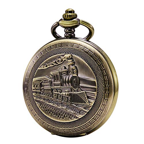 TREEWETO Taschenuhr mit Kette Herren Analog Handaufzug Dampflokomotive Holz Maserung Doppelscharnier Bronze von TREEWETO