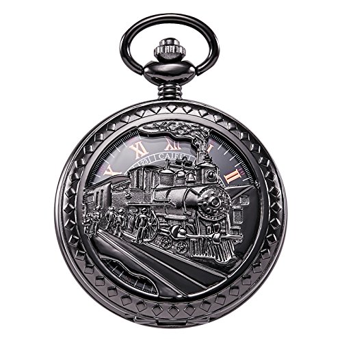 TREEWETO Taschenuhr mit Kette Herren Analog Handaufzug Dampflokomotive Römische Ziffern Schwarz von TREEWETO
