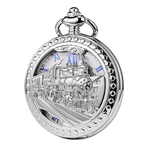 TREEWETO Taschenuhr mit Kette Herren Analog Handaufzug Dampflokomotive Römische Ziffern Silber von TREEWETO