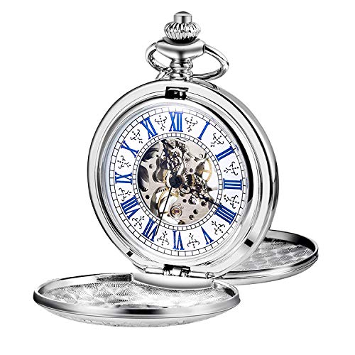 TREEWETO Taschenuhr mit Kette Herren Analog Handaufzug Doppelscharnier Antik Skelett Römische Ziffern Silber von TREEWETO