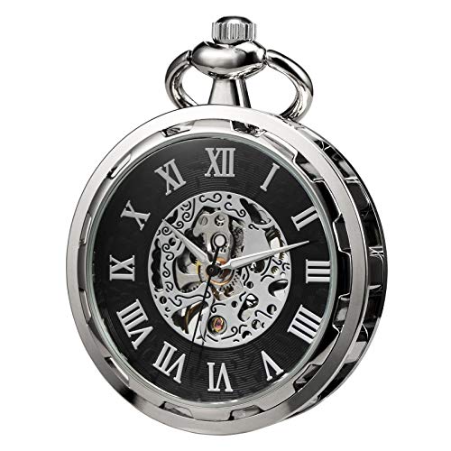 TREEWETO Taschenuhr mit Kette Herren Analog Handaufzug Offenes Gesicht Skelett Bewegung Silber von TREEWETO