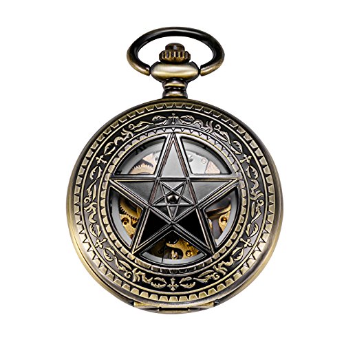 TREEWETO Taschenuhr mit Kette Herren Analog Handaufzug Retro Pentagramm Skelett Bronze von TREEWETO