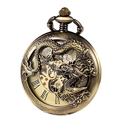 TREEWETO Taschenuhr mit Kette Herren Analog Mechanisch Handaufzug Doppelscharnier Antik Drache Römische Ziffern, Bronze von TREEWETO