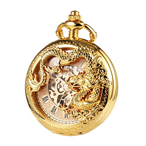 TREEWETO Taschenuhr mit Kette Herren Analog Mechanisch Handaufzug Doppelscharnier Antik Drache Römische Ziffern, Gold von TREEWETO