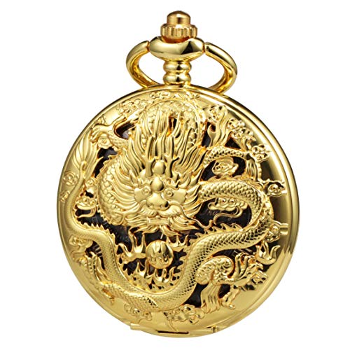 TREEWETO Taschenuhr mit Kette Herren Analog Mechanisch Handaufzug Doppelscharnier Antik Drache Römische Ziffern Gold von TREEWETO