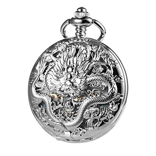 TREEWETO Taschenuhr mit Kette Herren Analog Mechanisch Handaufzug Doppelscharnier Antik Drache Römische Ziffern Silber von TREEWETO