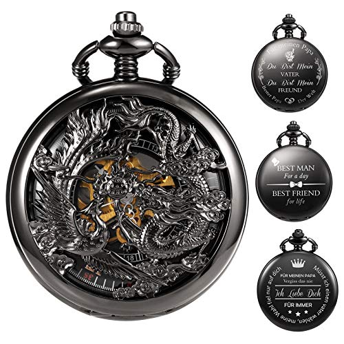 TREEWETO Unisex Antik Taschenuhr Personalisiert Gravur mit Kette analog Handaufzug Drache Phönix Skelett Doppeljäger Römische Schwarz von TREEWETO