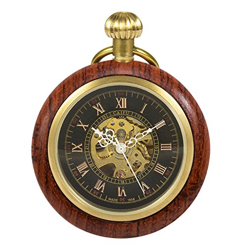 TREEWETO Unisex Holz Taschenuhr mit Kette Analog Handaufzug Skelett Römische Ziffern von TREEWETO