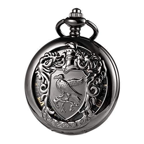 TREEWETO Unisex Taschenuhr Mechanisch Doppelter Abdeckung Vogelschild Skelett Steampunk Für Herren Damen mit Kette & Geschenk-Box, Schwarz von TREEWETO