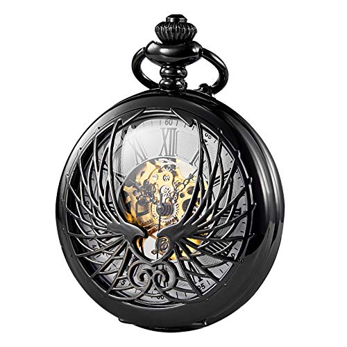 TREEWETO Unisex Taschenuhr mit Kette Analog Handaufzug Adler Skelett R?mische Ziffern Schwarz von TREEWETO