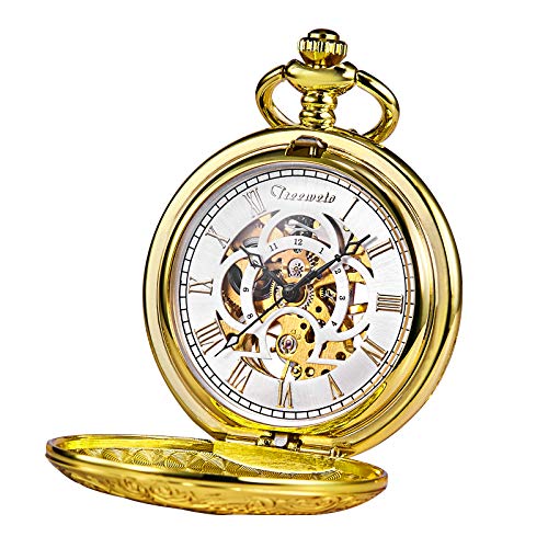 TREEWETO Unisex Taschenuhr mit Kette Analog Handaufzug Antik Graviert Römische Gold von TREEWETO