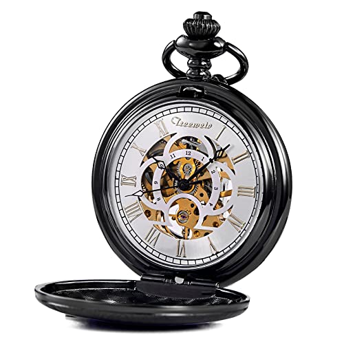 TREEWETO Unisex Taschenuhr mit Kette Analog Handaufzug Antik Graviert Römische Schwarz von TREEWETO