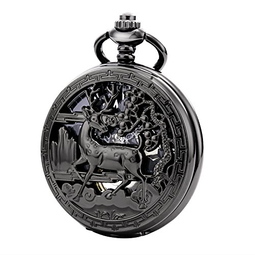 TREEWETO Unisex Taschenuhr mit Kette Analog Handaufzug Antik Hirsch Rentier Schwarz von TREEWETO