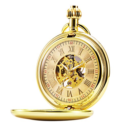 TREEWETO Unisex Taschenuhr mit Kette Analog Handaufzug Antik Skelett Römische Ziffern Gold von TREEWETO