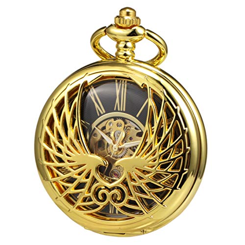 TREEWETO Unisex Taschenuhr mit Kette Analog Handaufzug Doppelscharnier Adler Skelett Römische Ziffern Gold von TREEWETO