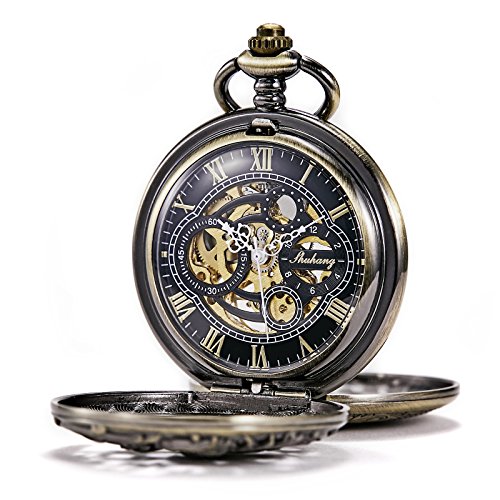 TREEWETO Unisex Taschenuhr mit Kette Analog Handaufzug Doppelscharnier Antik Drache Skelett Bronze von TREEWETO