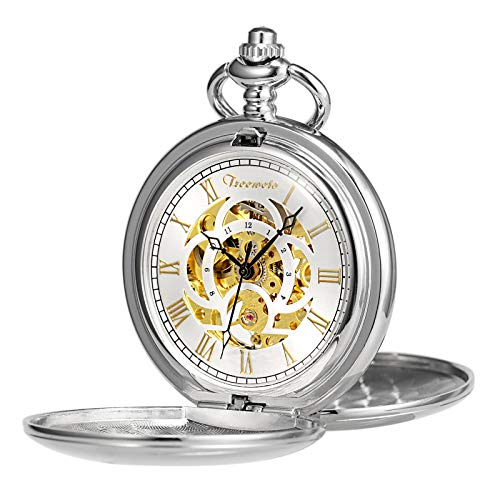 TREEWETO Unisex Taschenuhr mit Kette Analog Handaufzug Doppelscharnier Antik Graviert Römische Silber von TREEWETO
