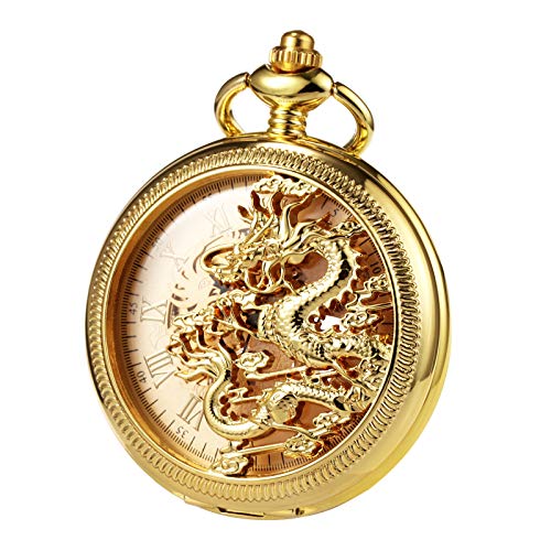 TREEWETO Unisex Taschenuhr mit Kette Analog Handaufzug Mechanisch Antik Drache Skelett Für Herren Damen Gold von TREEWETO