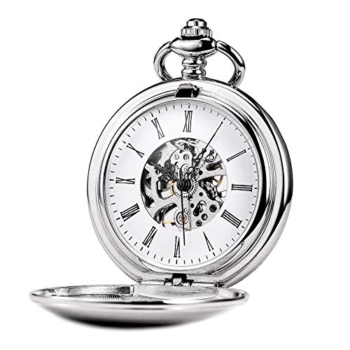 TREEWETO Unisex Taschenuhr mit Kette Analog Handaufzug Retro Skelett Hochglanz Poliert Silber von TREEWETO
