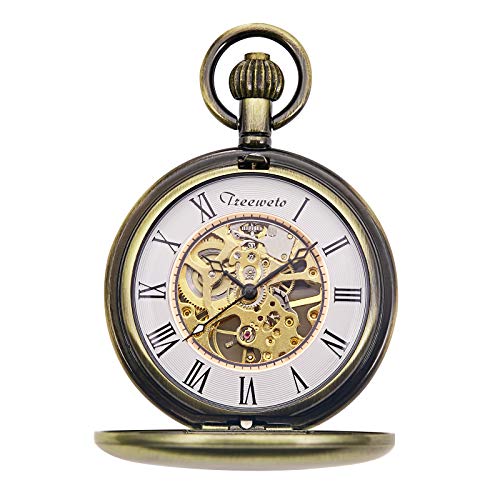 TREEWETO Unisex Taschenuhr mit Kette Analog Handaufzug Skelett Hochglanz Poliert Gold von TREEWETO