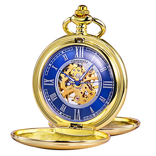 TREEWETO Unisex Taschenuhr mit Kette Analog Handaufzug glatt Doppelscharnier Römische Ziffern Gold Blau von TREEWETO