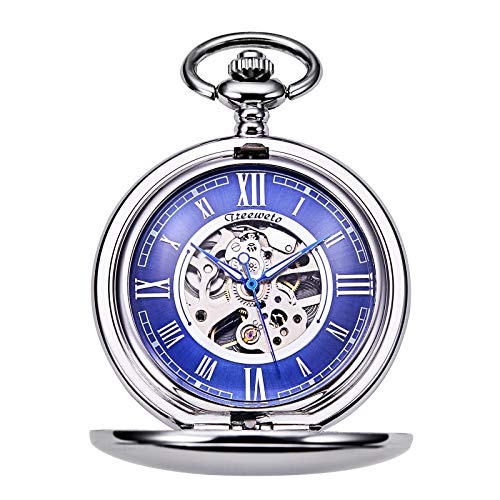 TREEWETO Unisex Taschenuhr mit Kette Analog Handaufzug glatt Doppelscharnier Römische Ziffern Silber Blau von TREEWETO