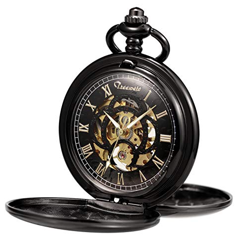TREEWETO Unisex Taschenuhr mit Kette Analog Mechanisch Handaufzug Doppelscharnier Antik Graviert Römische Schwarz von TREEWETO