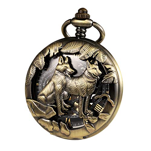 TREEWETO Unisex Taschenuhr mit Kette Analog Mechanisch Handaufzug Wolf wölfe Skelett Hohl Fall Für Mann Damen mit Kette & Geschenk-Box, Bronze von TREEWETO