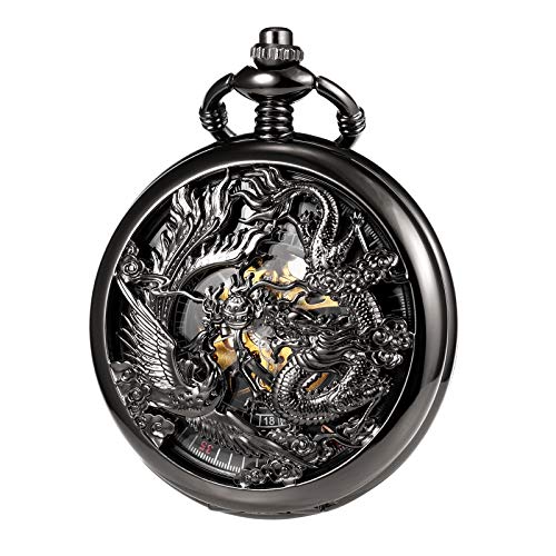 Treeweto, antike mechanische Taschenuhr für Herren, Glücksdrache und Phönix, Retro-Skelett-Zifferblatt, doppelte Abdeckung mit Kette schwarz von TREEWETO