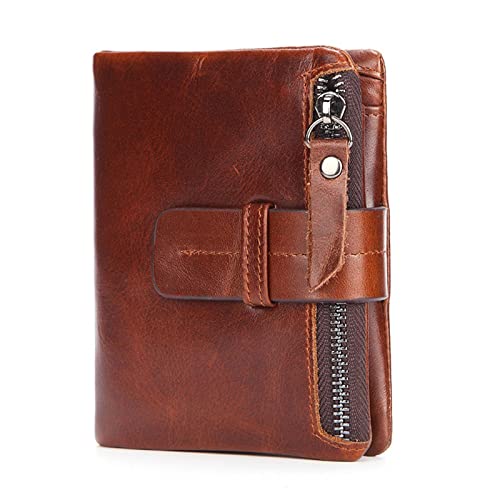 TREGOO Portemonnaie Herren Vintage Stil Leder Brieftasche Männer Erste Schicht Rindsleder Reißverschluss Kurze Münze Geldbörse Zipper Brieftasche (Color : Bruin) von TREGOO