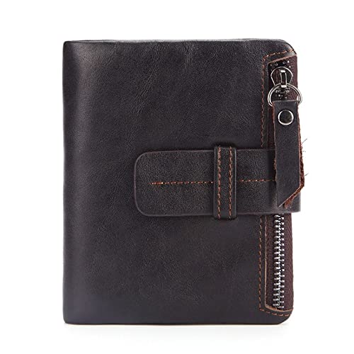 TREGOO Portemonnaie Herren Vintage Stil Leder Brieftasche Männer Erste Schicht Rindsleder Reißverschluss Kurze Münze Geldbörse Zipper Brieftasche (Color : Dark Brown) von TREGOO