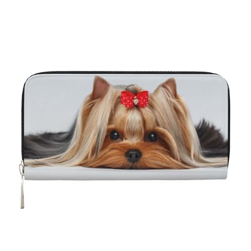 TREJUKY Große Pyrenäen-Geldbörse für Männer und Frauen, lange Clutch, Reißverschluss, Reise-Leder, Münzgeldbörse, Kreditkartenhalter, Handtasche, Liegender Yorkshire Terrier mit süßem Band Yorkie Love von TREJUKY