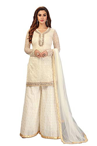 TRENDMALLS Women's Cotton Embroidery Salwar Suit Set Kurta Sharara with Dupatta (G63-Offwhite-S) von TRENDMALLS