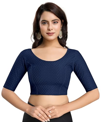 TRENDMALLS Damen Bluse aus reiner Baumwolle, dehnbar, fertig konfektioniert, Choli, Saree-Bluse, fertig zum Tragen, Marineblau, X-Large von TRENDMALLS