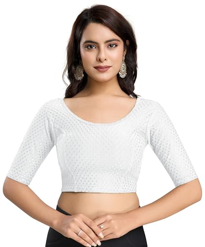 TRENDMALLS Damen Bluse aus reiner Baumwolle, dehnbar, fertig konfektioniert, Choli, Saree-Bluse, fertig zum Tragen, Weiss/opulenter Garten, XXX-Large von TRENDMALLS