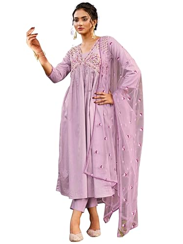 TRENDMALLS Damen Chanderi Seidenstickerei Salwar Anzug Set Alia Cut Kurta Hose mit Dupatta, hellviolett, XL von TRENDMALLS