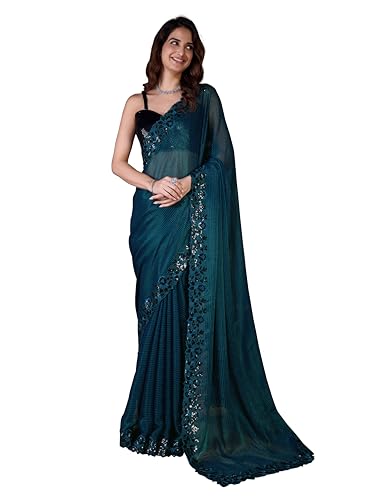 TRENDMALLS Damen Chiffon Satin Sequenz Arbeit Sari mit Unstitch Bluse Stück, Blaugrün, Blau, Einheitsgröße von TRENDMALLS