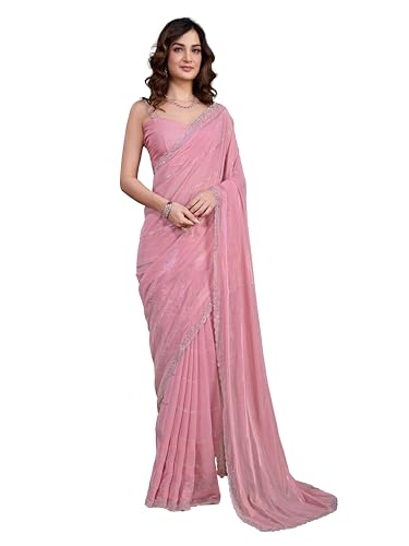 TRENDMALLS Damen Chiffon Siroski Arbeit Saree mit Unstitch Bluse Stück, Helles Pink, Einheitsgröße von TRENDMALLS