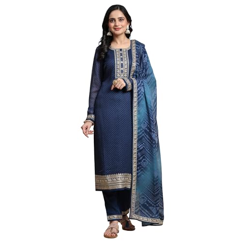 TRENDMALLS Damen Chiffon Stickerei Bandhani Print Salwar Anzug Set Kurta Hose mit Dupatta, Blau, Medium von TRENDMALLS